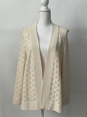 St. John Cream Ivory Crochet Knit Open Front Cardigan Sweater Wool Blend Size L